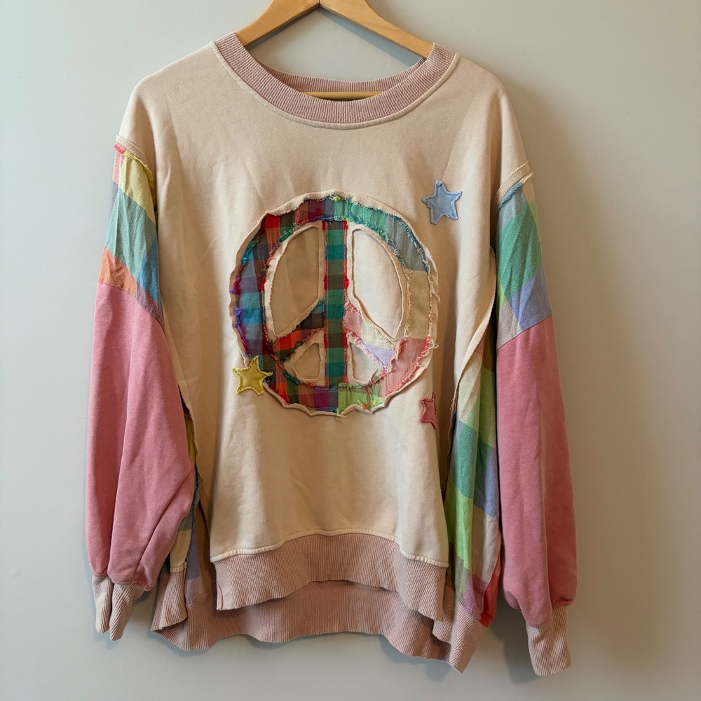 Sage + Fig Peace Sign Patchwork Sweatshirt Cream Multi Stars Boho ST7355 L
